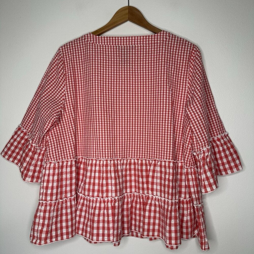 Ali Miles Gingham Ruffle Top Size L Petite Coral White - Picture 4 of 9
